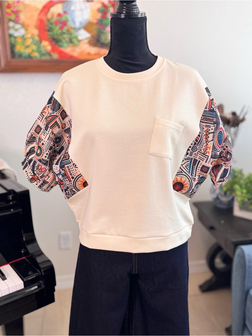 Short-Sleeve Cotton Tee with Printed Puff Sleeves